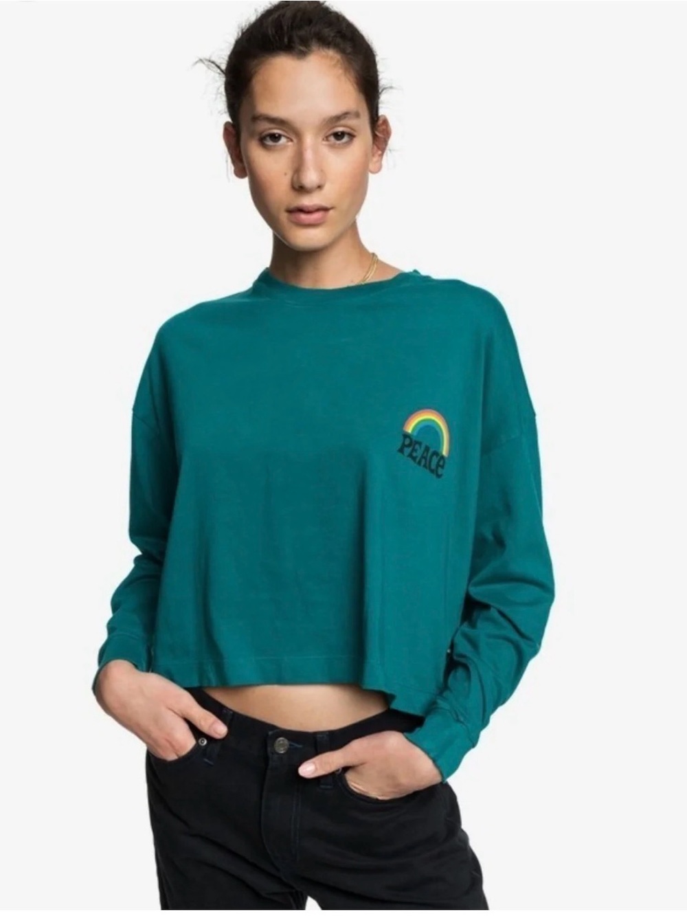Quiksilver Teal Peace Rainbow Logo Crop Long Sleeve T-Shirt L